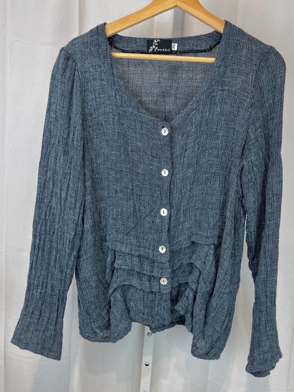 FENINI Button Up Linen Top Long Sleeve Scoop Neck Front Pleat Blue Size XS